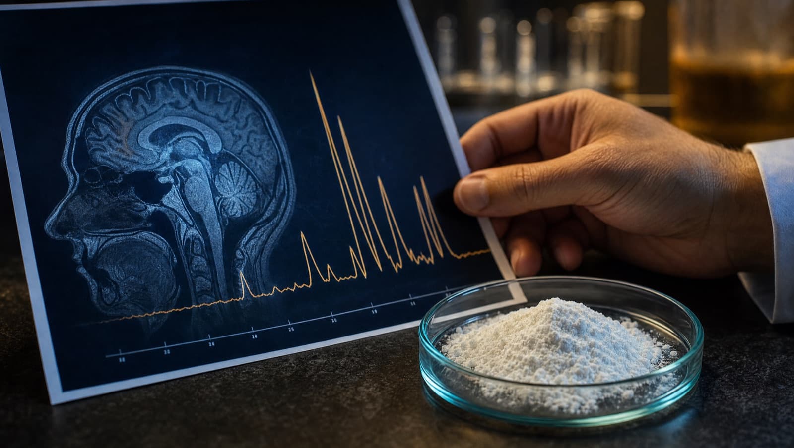 A researcher holds a printed MRI brain scan with a spectroscopy trace beside a dish of white creatine monohydrate powder.