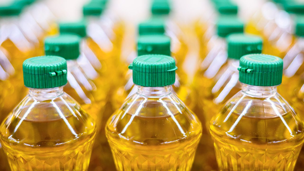 Rows of plastic bottles of yellow vegetable cooking oil with green caps